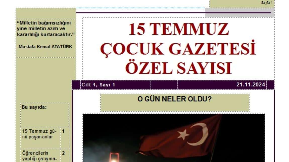 15 TEMMUZ ÇOCUK GAZETESİ ÖZEL SAYISI